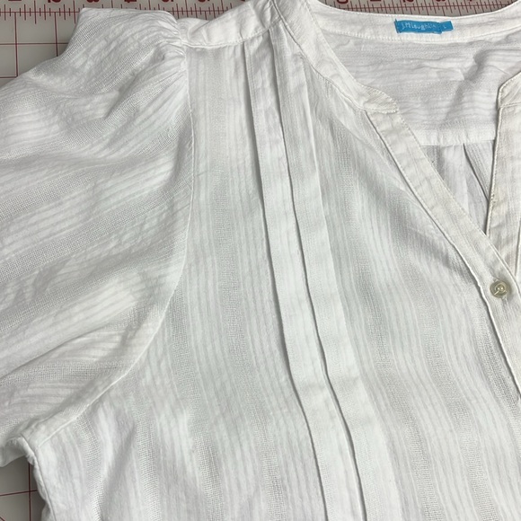 J MCLAUGHLIN Balloon SLV Pintuck Split V-Neck 100% Cotton Cottage White Blouse L - Picture 4 of 15